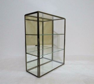 Vtg Brass & Glass 2 Shelf Display Curio Cabinet Specimen Case W Door Table,  Wall