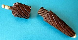 ANTIQUE CARVED WOODEN ROLLED PARASOL NEEDLE CASE 2