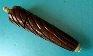 ANTIQUE CARVED WOODEN ROLLED PARASOL NEEDLE CASE 3