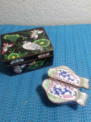 Outstanding pair Asian Chinese/Japanese enamel over copper/brass boxes CLOISONNE 2