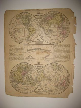 Antique 1839 Eastern Western Northern Southern Hemisphere World Map Asia Usa Nr