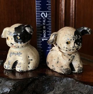 2 Antique Vtg Cast Iron Hubley Painted Paperweight Miniature Dog 1.  6 " Fido Hines