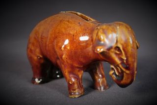 Rare C Late 1800s Antique Elephant Bank Rockingham Glaze Yellow Ware