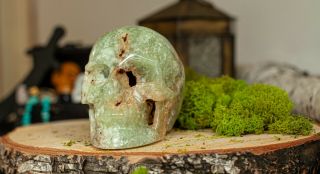 Rare,  Huge 5.  0 " Prehnite Hand Carved Crystal Skull Top Quality