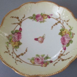 Antique Limoges Porcelain 10 " Serving Bowl Pink Roses Enamel Gilt Paste Accents