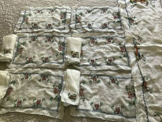 Vintage Linen Hand Embroidered Table Runner,  6 Placemats,  And 4 Napkins