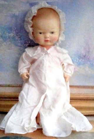 Antique Baby Doll,  13 1/2 Inches,  Cream And White Color Dress,