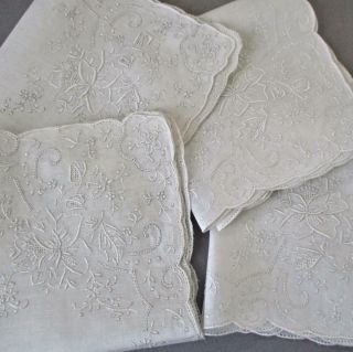 4 Vintage Linen Wedding Handkerchief Hand Embroidered Appenzell Whitework Bridal