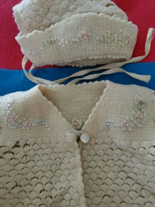 Antique French German Doll Clothes,  Handmade Crochet Sweater And Bonnet