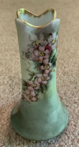 Antique Hand Painted Pink Cherry Blossom Floral Bud Vase Sage Green Gold Trim