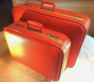 Vega Brand Orange Vinyl Hard Shell Vtg Suitcase Luggage Set - Rare 1970s ? Htf