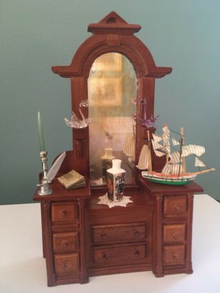 Vintage Wood Dollhouse Miniature Vanity Dresser With Mirror Furniture