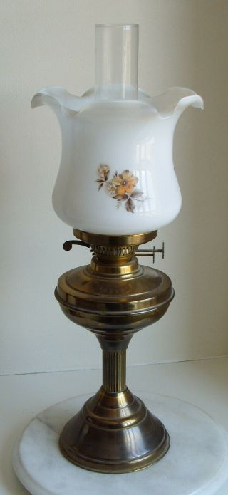 Vintage Brass Oil Lamp With Glass Shade And Chimney 55cm Tall Vgc