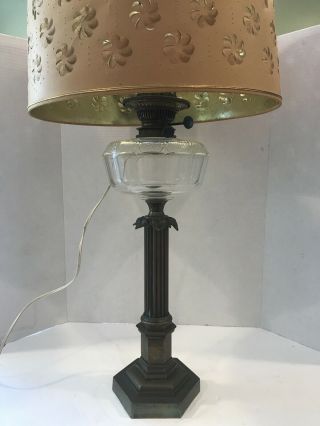 Antique Brass & Eapg Glass Oil Lamp Converted To Electric W Perforated Shade