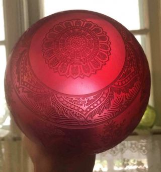 Rare Antique Victorian Acid Etched Cranberry Glass Ball Globe Pendant Shade