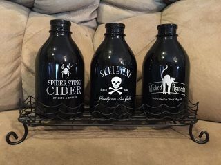 Rare Halloween 3 Black Bottle Tea Light & Holder Set