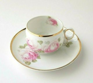 Antique Z S & Co Bavaria Double Loop Handle Teacup Saucer Pink Roses