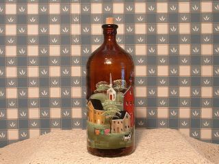 ANTIQUE CLOROX BROWN GLASS 16 0Z.  BOTTLE WASH DAY FARMS HAND PAINTED FOLK ART 2