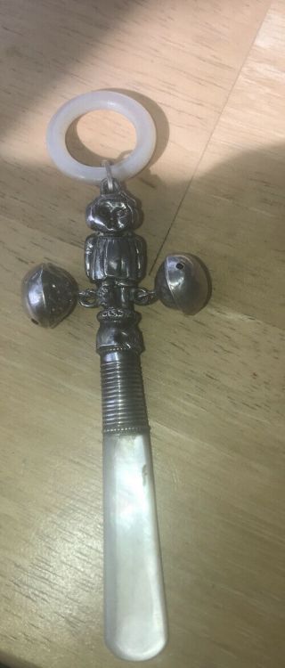 Antique Sterling Silver Baby Rattle,  Bells & Mother Of Pearl Chester 1919.  B333
