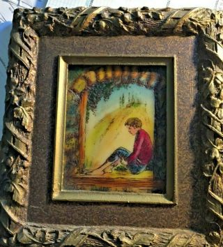 Artini Enamel Hand Painted Picture Boy In Window,  9 " X 8 "
