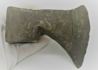 European Find Ancient Viking Decorative Bronze Socketed Axe Head Circa900 - 1100ad