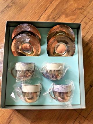 Vintage Wolff 4 Tea Cup Silver Plate/porcelain Espresso Set Box Old English
