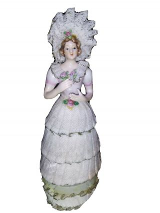 Antique Dresden Lace Porcelain Lady Figurine Capodimonte.  Made In Occupied Japan