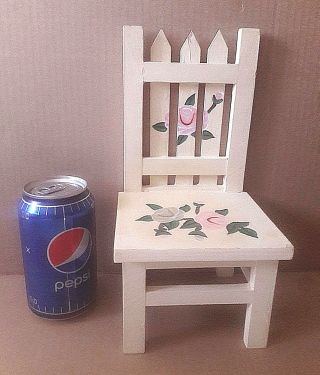 Vintage White Wooden Doll Chair Picket Hand Painted Floral Fence Back 10 " X 5 "