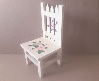 Vintage White Wooden Doll Chair Picket Hand Painted Floral Fence Back 10 