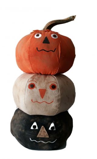 Primitive Fall Halloween Pumpkin Stacked Trio Real Dried Stem