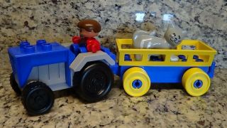 Rare Vintage Lego Duplo Blue Lawn & Garden Farm Tractor W/ Wagon Figure & Cat
