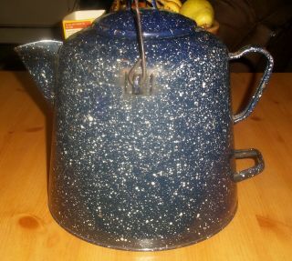 Vtg Large Granite Ware Coffee Pot Blue Antique Bail Handle Spout
