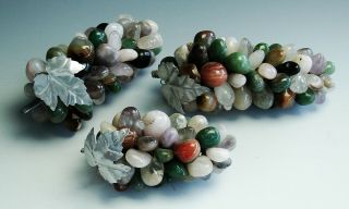 Antique Vtg Carved Semi Precious Stone Grape Fruit Cluster Amethyst Marble Jade