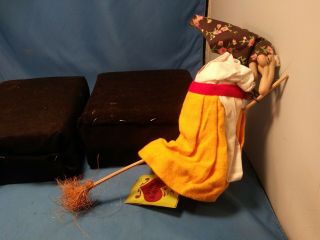 Rare Flying Halloween Kitchen Witch Doll Decoration On Broom Vintage With Tag