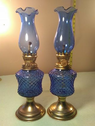 Antique Cobalt Blue Hobnob 10.  5 " Tall Oil Lamps Brass Base Hand Blown Globes