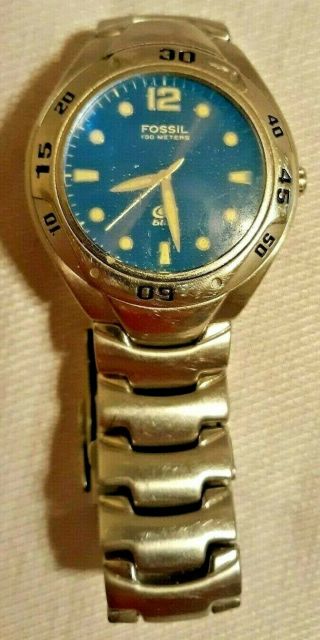 Vintage Fossil Blue Am3395 Mens Stainless Steel 100 Meter Water Resistant Watch