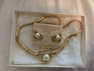 Rare Authentic Vintage Christian Dior Necklace Earrings Set Diamonds Gold Pearl