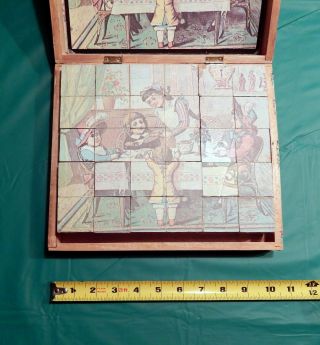 1900 ' s WOODEN CUBE BLOCK PUZZLE SET WITH PUZZLE PICS IN WOOD BOX 