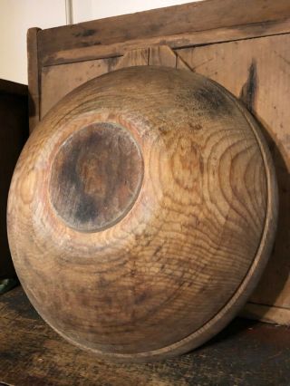 15” Antique Vintage Primitive Wooden Dough Bowl With Rim & Foot