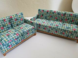 Vintage Dollhouse Miniature Sofa And Loveseat Couch Floral Plaid