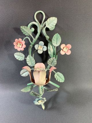 Vintage Mid Century Italian Tole Ware Candle Sconce Blue Green & Pink Colors