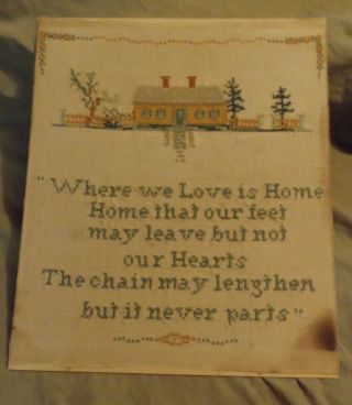 Antique Cross - Stitch On Linen Where We Love Is Home 13x15 " Mounted On Board