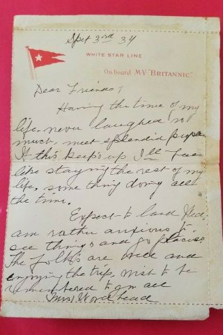 Mv Britannic - White Star Line Rare 1934 Letter Card