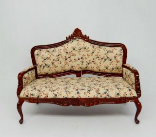 Vintage Mahogany Upholstered Floral Sofa Dollhouse Miniature 1:12