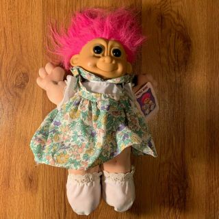 Vintage Russ Troll Kidz Plush Doll Pink Hair Floral Dress 2318 W/ Tag