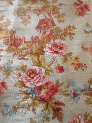 Antique French Country Cottage Roses Floral Cotton Fabric Coral Pink Blue