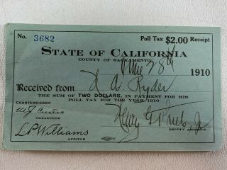 Antique 1910 State Of California County Of Sacramento Poll Tax Receipt $2.  00