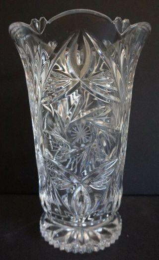 Large Pressed Cut Glass Crystal Vase Stars Pinwheel 9in Tall Fans Bohemian Czech