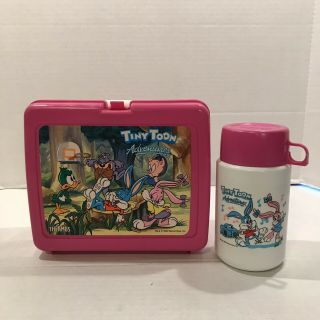 Rare Pink 1990 Tiny Toon Adventures Collectable Plastic Lunch Box With Thermos
