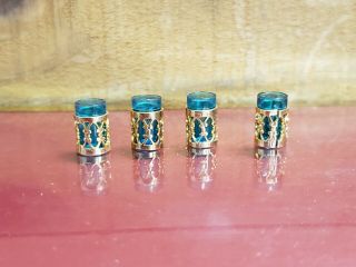 Vintage Artisan Miniature Dollhouse 4 Piece Set Of Glasses Aqua W/ Gold Finish
